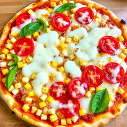 A delicious pizza showcasing an abundance of sweet corn and succulent juicy tomatoes, complemented by fresh, crunchy green capsicum