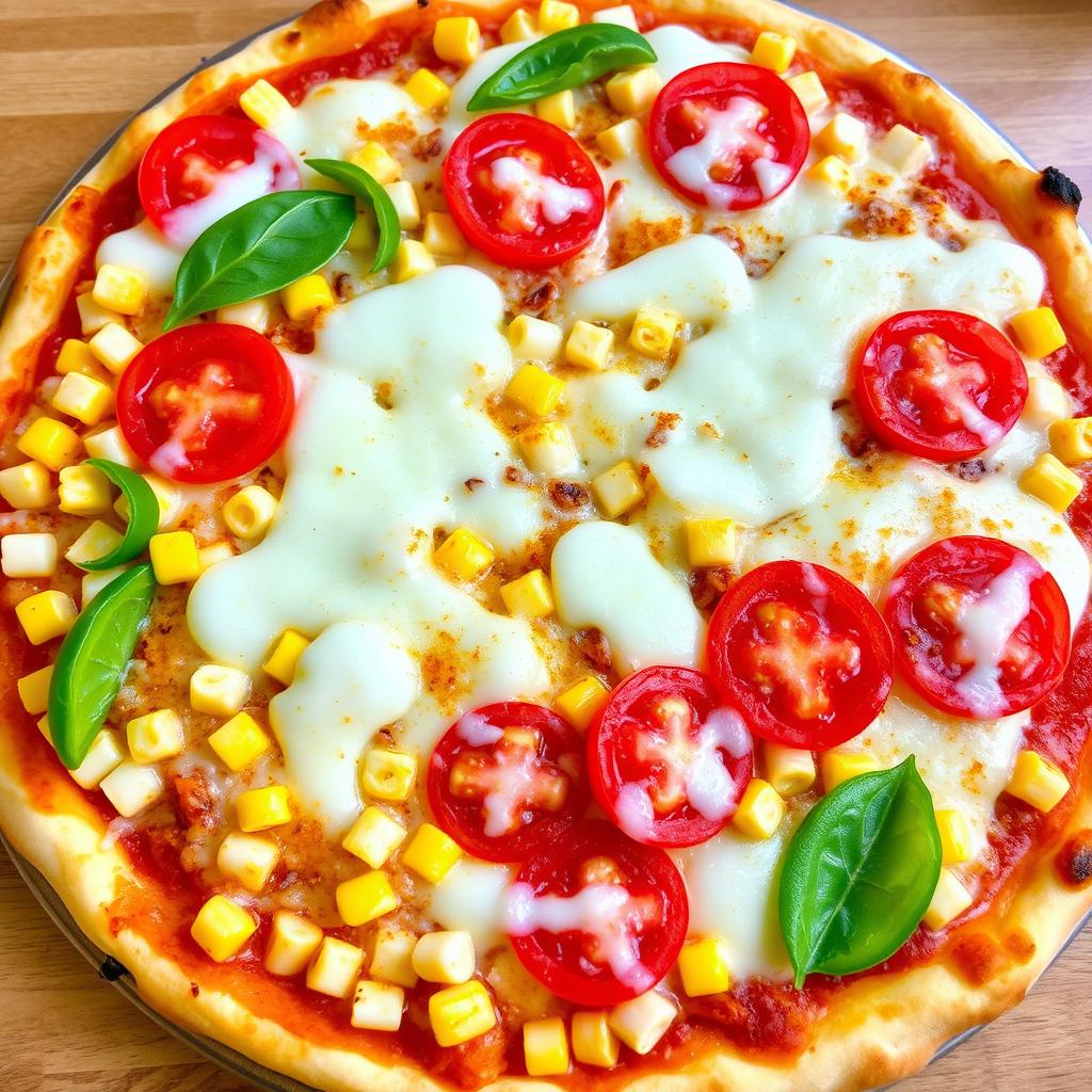 A delicious pizza showcasing an abundance of sweet corn and succulent juicy tomatoes, complemented by fresh, crunchy green capsicum
