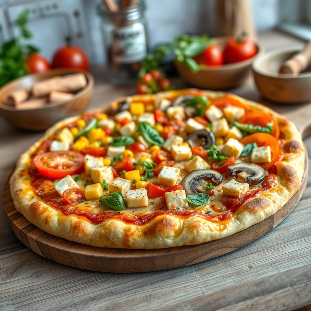 A delightful pizza featuring juicy tomatoes, sweet corn, fresh mushrooms, vibrant capsicum, and soft paneer cubes, all generously layered on a golden, cheesy crust that looks crispy and inviting