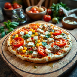 A delightful pizza featuring juicy tomatoes, sweet corn, fresh mushrooms, vibrant capsicum, and soft paneer cubes, all generously layered on a golden, cheesy crust that looks crispy and inviting