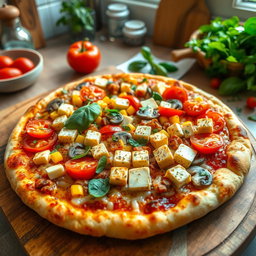 A delightful pizza featuring juicy tomatoes, sweet corn, fresh mushrooms, vibrant capsicum, and soft paneer cubes, all generously layered on a golden, cheesy crust that looks crispy and inviting