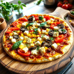 A delightful pizza featuring juicy tomatoes, sweet corn, fresh mushrooms, vibrant capsicum, and soft paneer cubes, all generously layered on a golden, cheesy crust that looks crispy and inviting