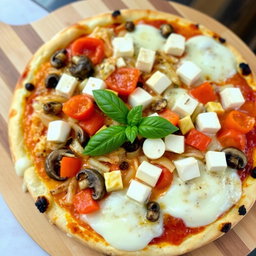 A rich and creamy pizza topped with a luscious blend of sautéed onions, ripe tomatoes, tender mushrooms, and soft paneer cubes