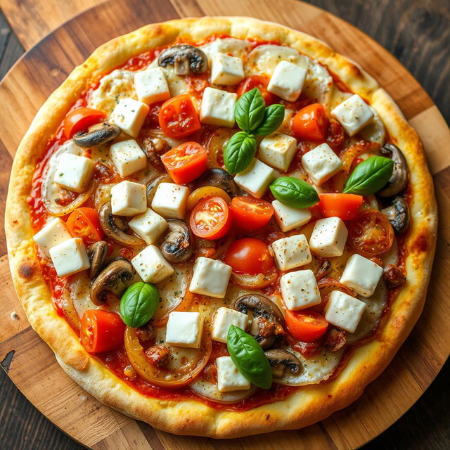 A rich and creamy pizza topped with a luscious blend of sautéed onions, ripe tomatoes, tender mushrooms, and soft paneer cubes