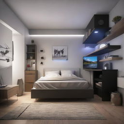 A small, efficiently organized room that combines sleeping and gaming functionalities. Contains a compact, comfortable bed, advanced gaming gear, a wall-mounted TV, and strategic LED lighting, with a minimalistic feel.