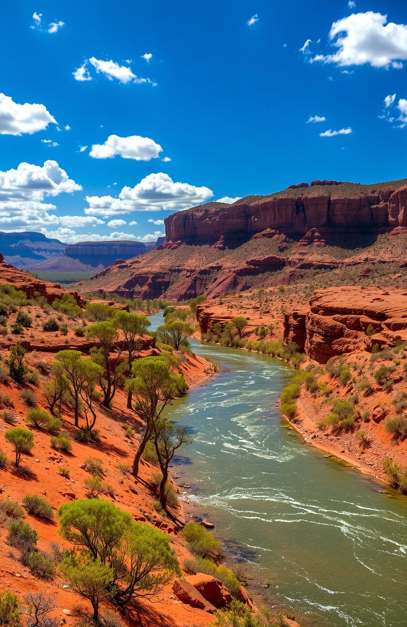 A stunning landscape of the Australian outback featuring a river winding through rugged terrain