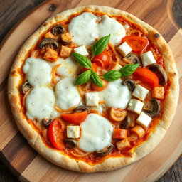 A rich and creamy pizza overflowing with flavor, featuring a base of sautéed onions, fresh tomatoes, tender mushrooms, and soft paneer cubes