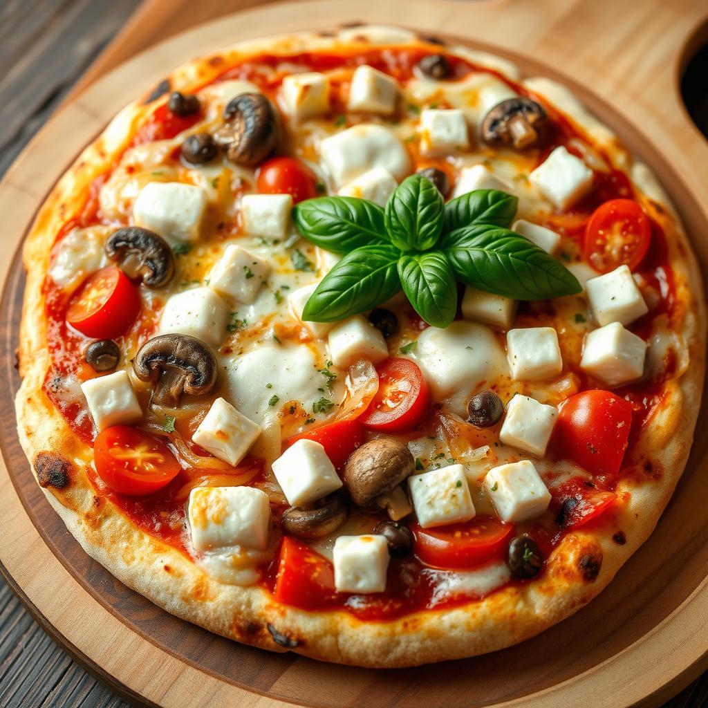 A rich and creamy pizza overflowing with flavor, featuring a base of sautéed onions, fresh tomatoes, tender mushrooms, and soft paneer cubes