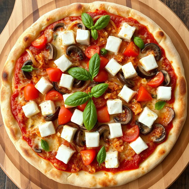 A rich and creamy pizza overflowing with flavor, featuring a base of sautéed onions, fresh tomatoes, tender mushrooms, and soft paneer cubes