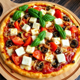 A rich and creamy pizza piled high with savory sautéed onions, juicy tomatoes, tender mushrooms, and soft paneer cubes, all enveloped in a luscious layer of melted mozzarella cheese that cascades over the toppings
