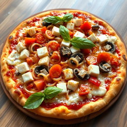 A rich and creamy pizza piled high with savory sautéed onions, juicy tomatoes, tender mushrooms, and soft paneer cubes, all enveloped in a luscious layer of melted mozzarella cheese that cascades over the toppings