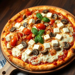 A rich and creamy pizza piled high with savory sautéed onions, juicy tomatoes, tender mushrooms, and soft paneer cubes, all enveloped in a luscious layer of melted mozzarella cheese that cascades over the toppings
