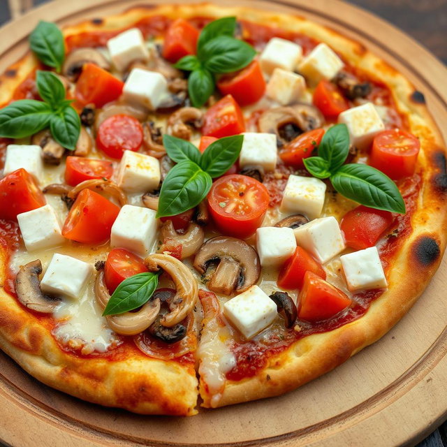 A rich and creamy pizza piled high with savory sautéed onions, juicy tomatoes, tender mushrooms, and soft paneer cubes, all enveloped in a luscious layer of melted mozzarella cheese that cascades over the toppings