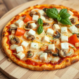 A rich and creamy pizza featuring a delectable combination of sautéed onions, fresh tomatoes, tender mushrooms, and soft paneer cubes