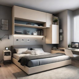 A small, efficiently organized room that combines sleeping and gaming functionalities. Contains a compact, comfortable bed, advanced gaming gear, a wall-mounted TV, and strategic LED lighting, with a minimalistic feel.