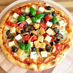 A rich and creamy pizza featuring a delectable combination of sautéed onions, fresh tomatoes, tender mushrooms, and soft paneer cubes