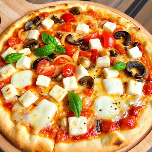 A rich and creamy pizza featuring a delectable combination of sautéed onions, fresh tomatoes, tender mushrooms, and soft paneer cubes