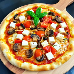 A rich and creamy pizza featuring a delectable combination of sautéed onions, fresh tomatoes, tender mushrooms, and soft paneer cubes