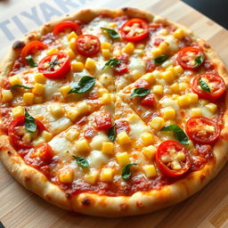 A tantalizing pizza featuring sweet corn and juicy tomatoes, complemented by colorful capsicum
