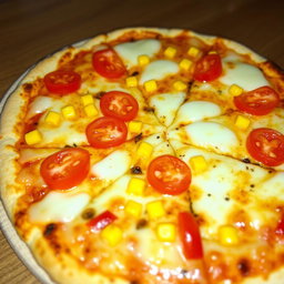 A tantalizing pizza featuring sweet corn and juicy tomatoes, complemented by colorful capsicum