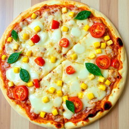 A tantalizing pizza featuring sweet corn and juicy tomatoes, complemented by colorful capsicum