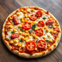 A tantalizing pizza featuring sweet corn and juicy tomatoes, complemented by colorful capsicum