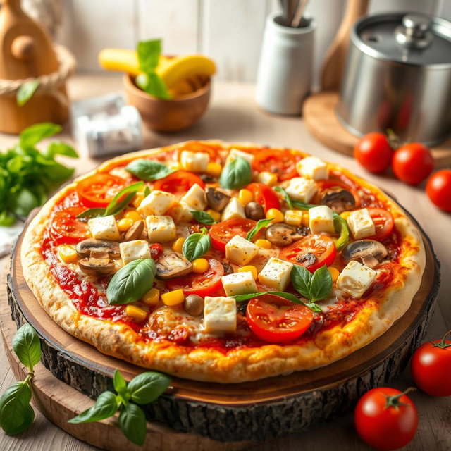 A vibrant and appetizing pizza topped with juicy tomatoes, sweet corn, fresh mushrooms, colorful capsicum strips, and generous cubes of paneer, all perfectly layered on a crispy, cheesy crust