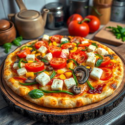 A vibrant and appetizing pizza topped with juicy tomatoes, sweet corn, fresh mushrooms, colorful capsicum strips, and generous cubes of paneer, all perfectly layered on a crispy, cheesy crust