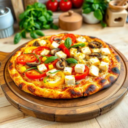 A vibrant and appetizing pizza topped with juicy tomatoes, sweet corn, fresh mushrooms, colorful capsicum strips, and generous cubes of paneer, all perfectly layered on a crispy, cheesy crust
