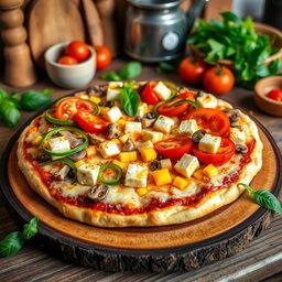 A vibrant and appetizing pizza topped with juicy tomatoes, sweet corn, fresh mushrooms, colorful capsicum strips, and generous cubes of paneer, all perfectly layered on a crispy, cheesy crust
