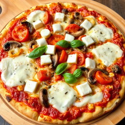 A rich and creamy pizza featuring a delicious medley of ingredients, including sautéed onions, fresh tomatoes, tender mushrooms, and soft cubes of paneer