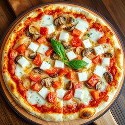 A rich and creamy pizza featuring a delicious medley of ingredients, including sautéed onions, fresh tomatoes, tender mushrooms, and soft cubes of paneer