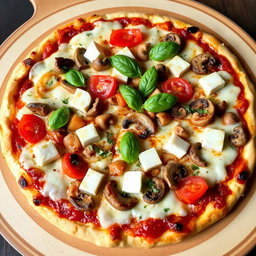 A rich and creamy pizza featuring a delicious medley of ingredients, including sautéed onions, fresh tomatoes, tender mushrooms, and soft cubes of paneer