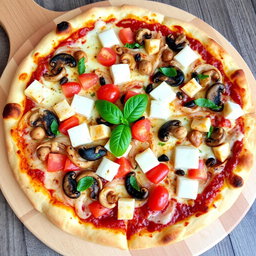 A rich and creamy pizza featuring a delicious medley of ingredients, including sautéed onions, fresh tomatoes, tender mushrooms, and soft cubes of paneer