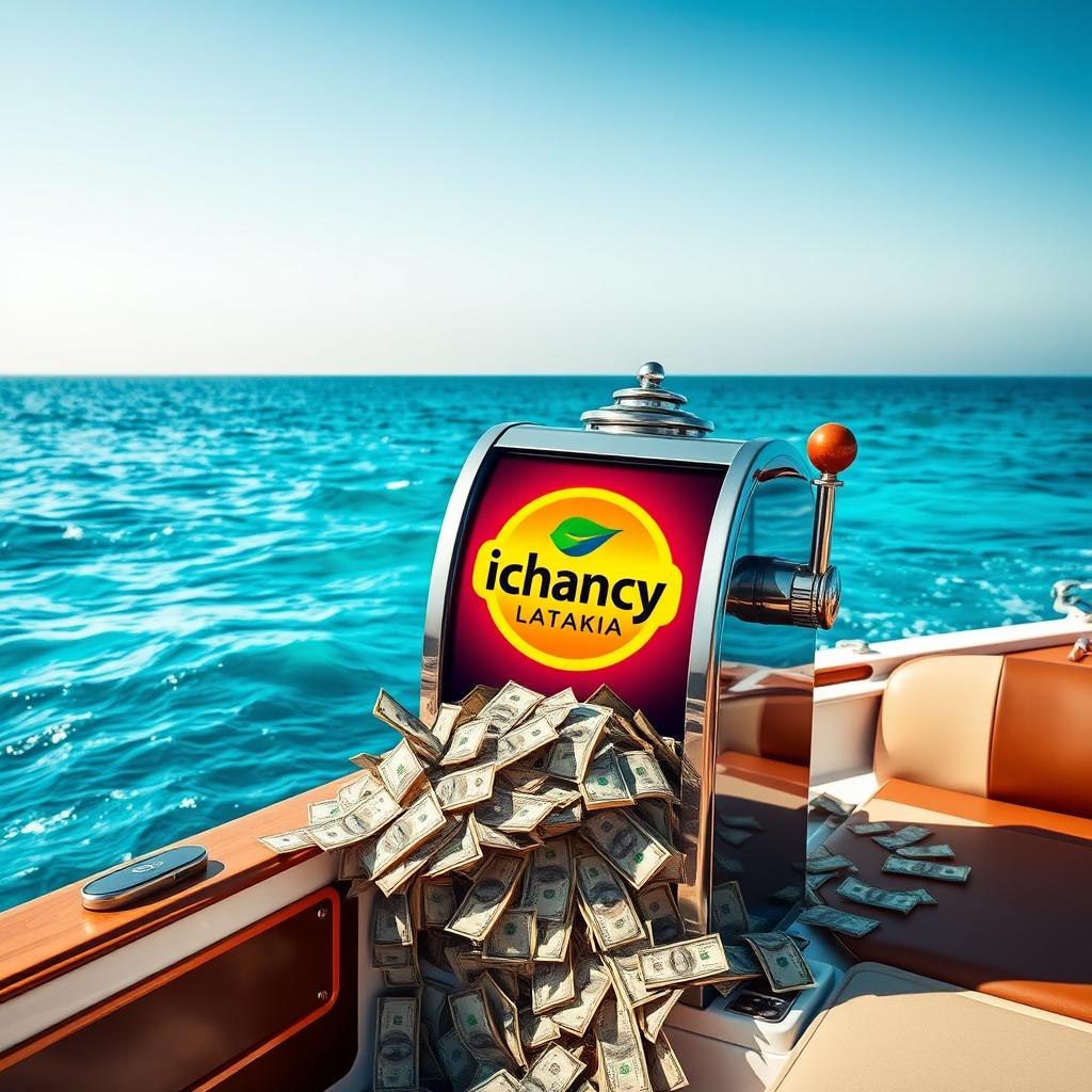 An advertisement image featuring a vibrant and eye-catching slot machine placed on a boat floating in the sea