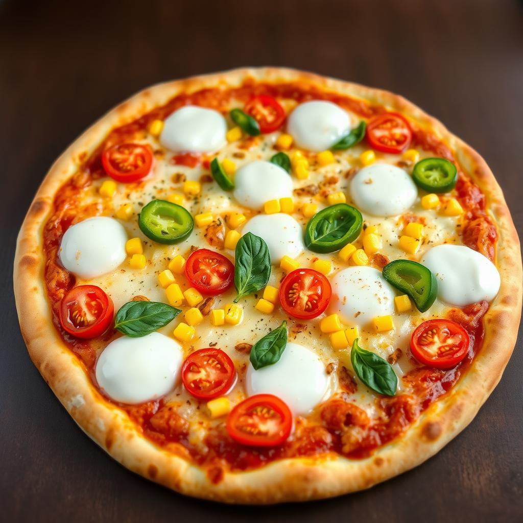 An enticing pizza adorned with sweet corn and juicy tomatoes, perfectly complemented by sliced capsicum