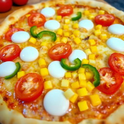 An enticing pizza adorned with sweet corn and juicy tomatoes, perfectly complemented by sliced capsicum