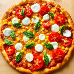 An enticing pizza adorned with sweet corn and juicy tomatoes, perfectly complemented by sliced capsicum
