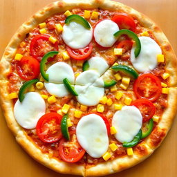 An enticing pizza adorned with sweet corn and juicy tomatoes, perfectly complemented by sliced capsicum