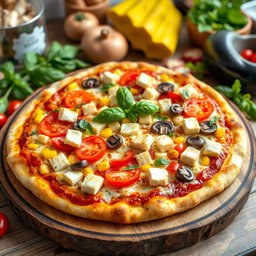A mouthwatering pizza created with juicy tomatoes, sweet corn, fresh mushrooms, colorful capsicum, and soft paneer cubes, all layered generously on a perfectly cheesy and golden crust