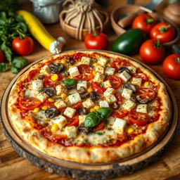 A mouthwatering pizza created with juicy tomatoes, sweet corn, fresh mushrooms, colorful capsicum, and soft paneer cubes, all layered generously on a perfectly cheesy and golden crust