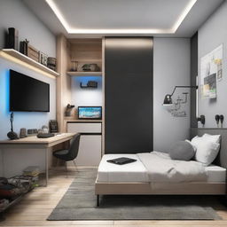 A small, efficiently organized room that combines sleeping and gaming functionalities. Contains a compact, comfortable bed, advanced gaming gear, a wall-mounted TV, and strategic LED lighting, with a minimalistic feel.