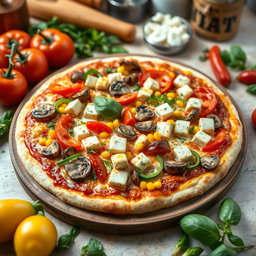 A mouthwatering pizza created with juicy tomatoes, sweet corn, fresh mushrooms, colorful capsicum, and soft paneer cubes, all layered generously on a perfectly cheesy and golden crust