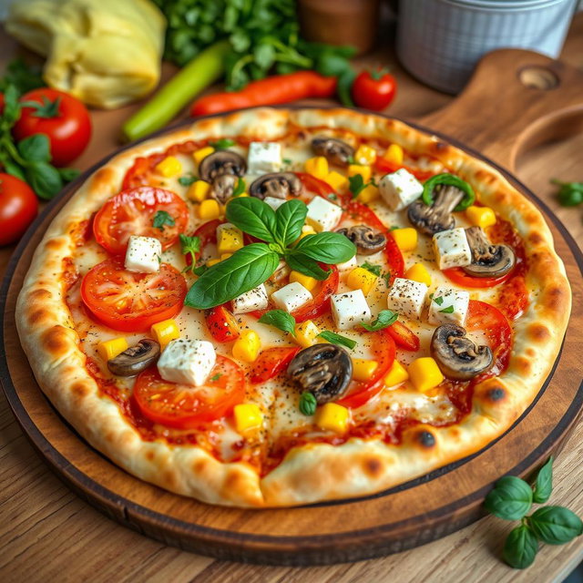 A mouthwatering pizza created with juicy tomatoes, sweet corn, fresh mushrooms, colorful capsicum, and soft paneer cubes, all layered generously on a perfectly cheesy and golden crust