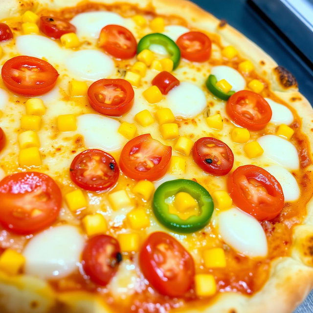 A delectable pizza featuring sweet corn and juicy tomatoes, perfectly paired with fresh capsicum slices