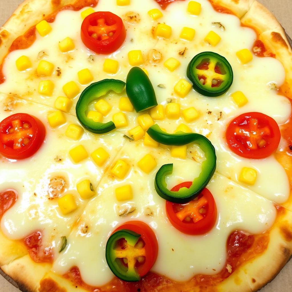A delectable pizza featuring sweet corn and juicy tomatoes, perfectly paired with fresh capsicum slices