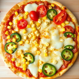 A delectable pizza featuring sweet corn and juicy tomatoes, perfectly paired with fresh capsicum slices