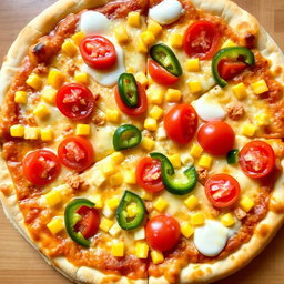 A delectable pizza featuring sweet corn and juicy tomatoes, perfectly paired with fresh capsicum slices