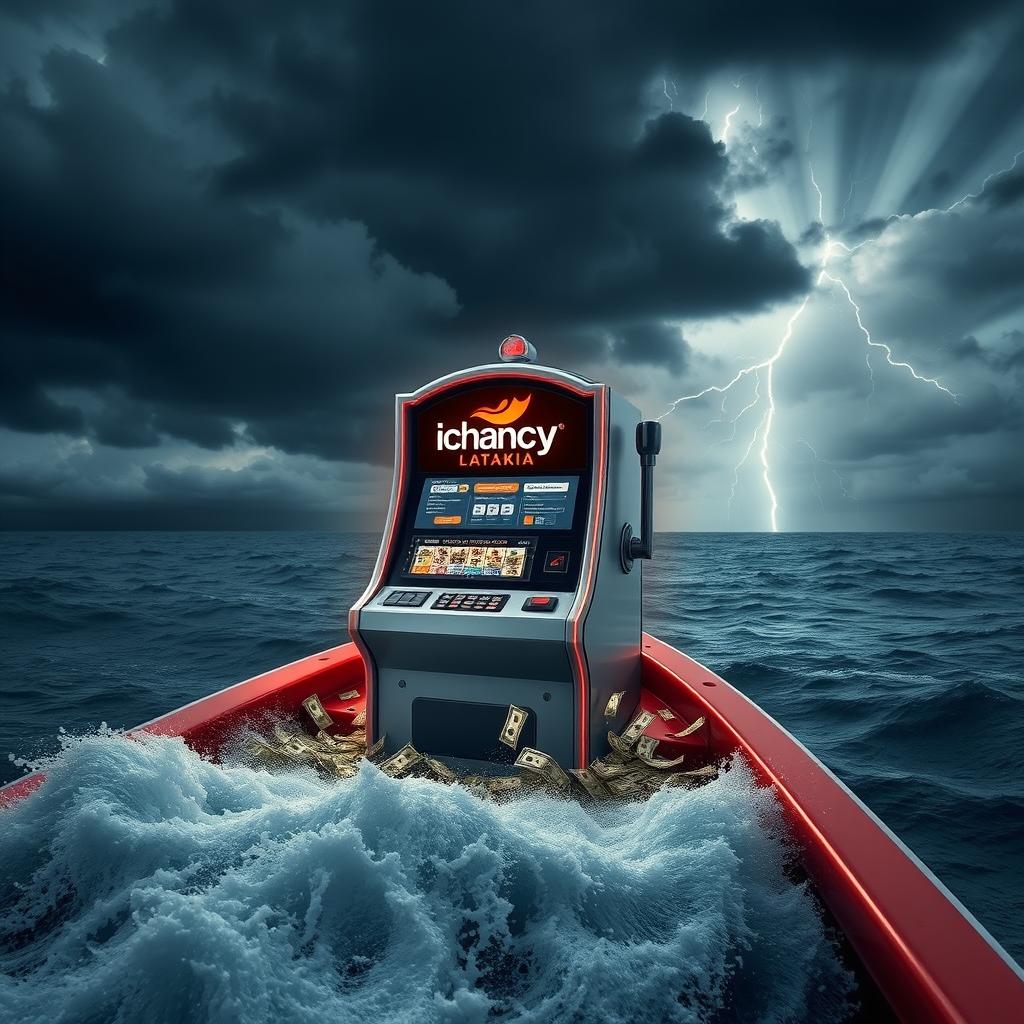An advertisement image featuring a gambling machine placed on a boat in the sea, with money scattered around it