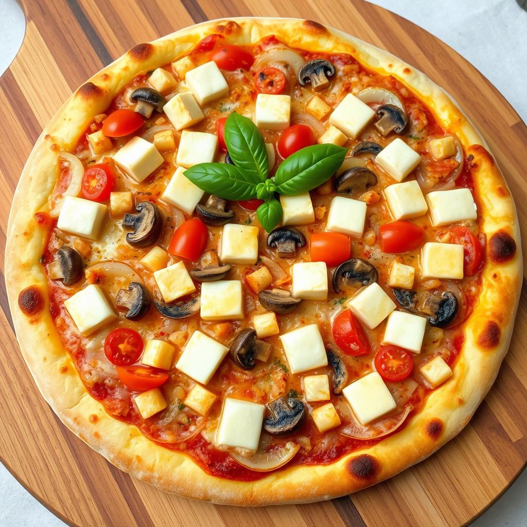 A rich and creamy pizza crafted with a delightful mix of sautéed onions, ripe tomatoes, tender mushrooms, and soft paneer cubes